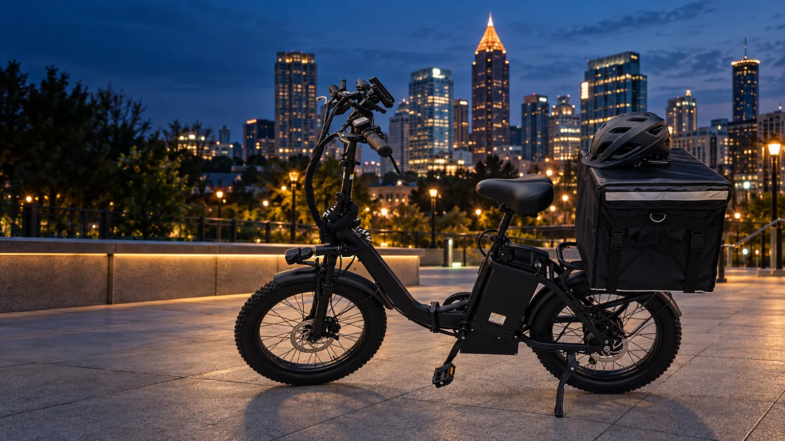 Our delivery-ready rental e-bike pictured against the Atlanta skyline at dusk