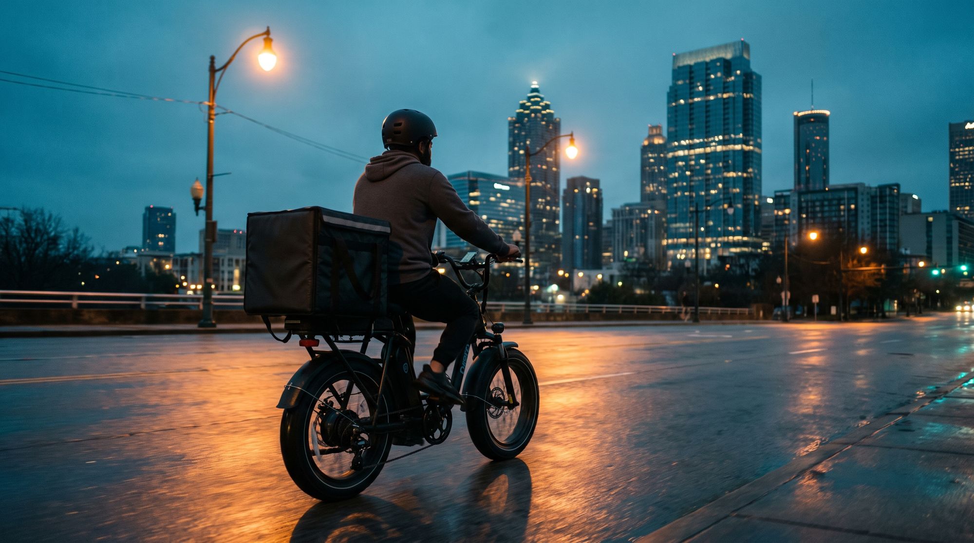 Delivery rider on a cargo e-bike in Midtown Atlanta at dusk