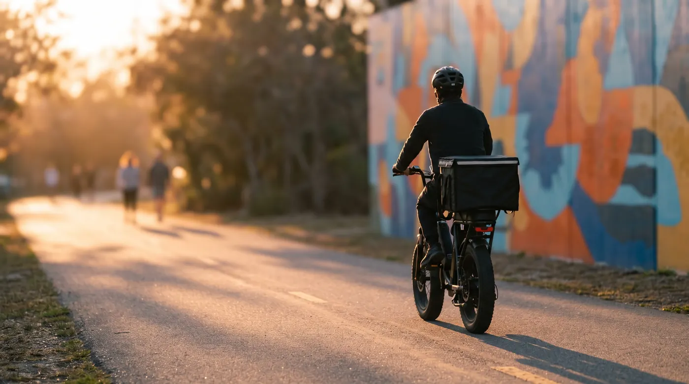 Courier riding the BeltLine at golden hour